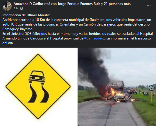 Accidente de tránsito en Camaguey información de facebook