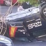 Coche volcado tras brutal accidente en Madrid