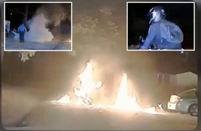 Motorcyclist with a backpack full of gasoline bursts into flames