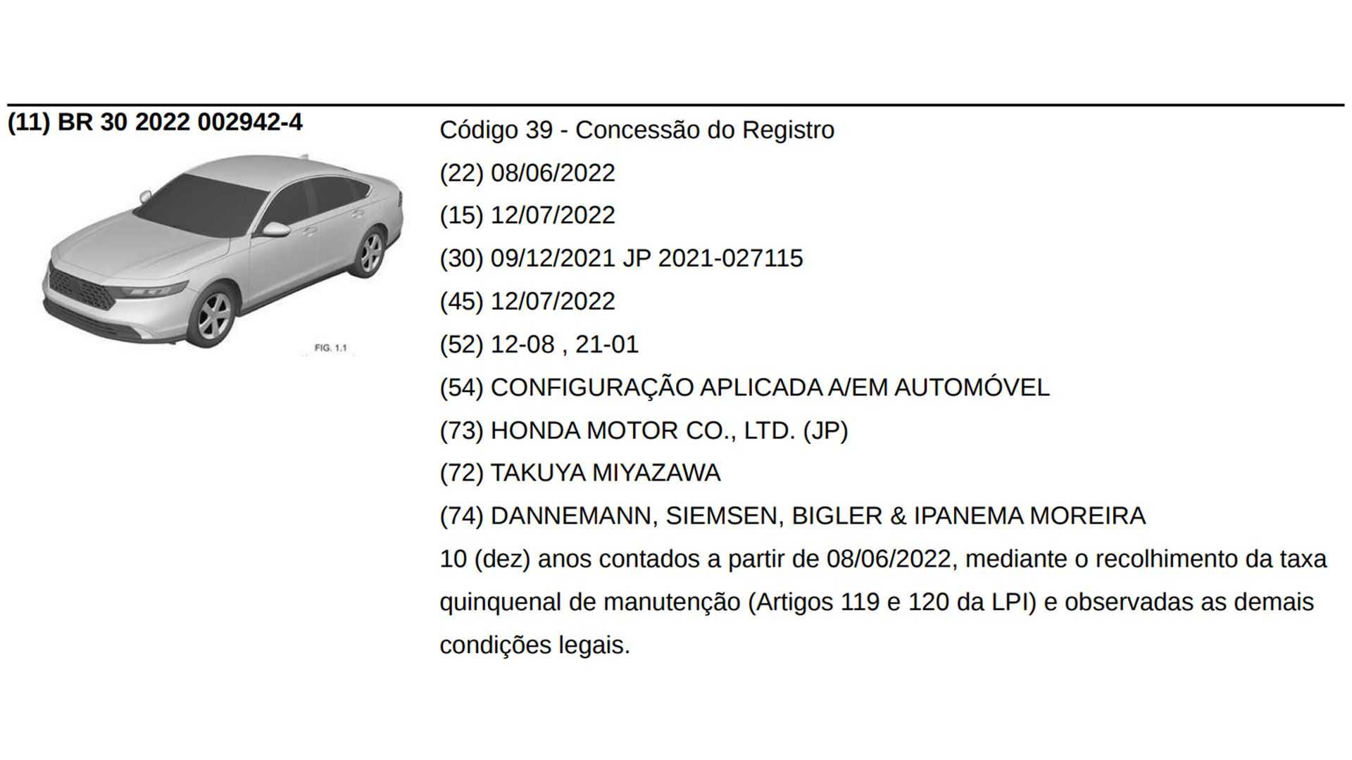 Registro de patente Honda Accord 2023
