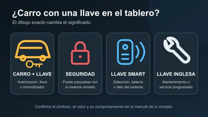Cuatro símbolos que pueden confundirse con un carro y una llave en el tablero